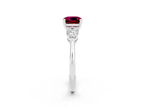 White gold Three-Stone Cushion Cut Garnet Ring with Pear Side Stones and Four-Prong Setting_2