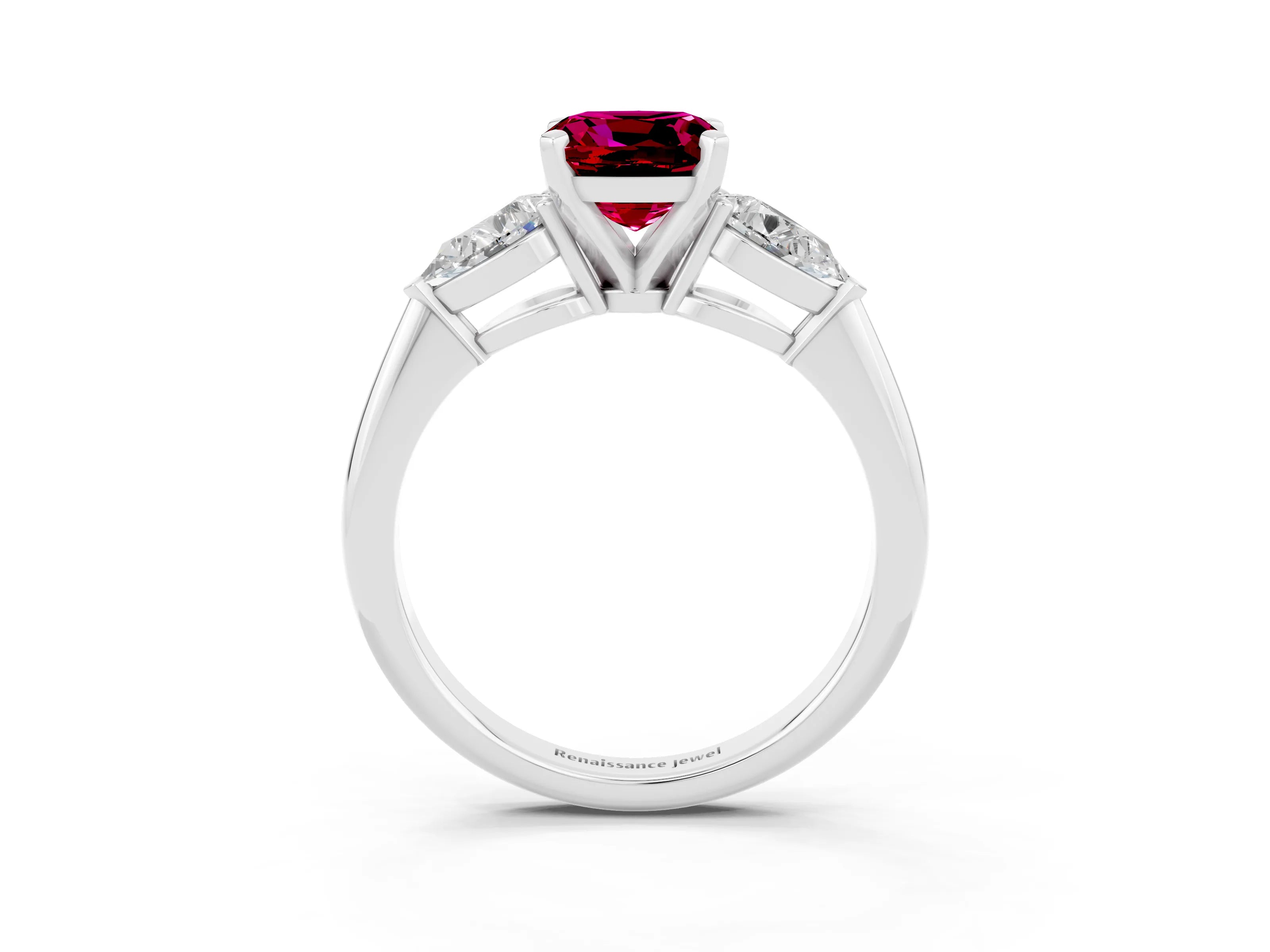 White gold Three-Stone Cushion Cut Garnet Ring with Pear Side Stones and Four-Prong Setting_3