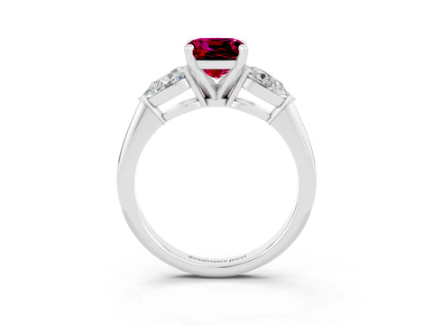 White gold Three-Stone Cushion Cut Garnet Ring with Pear Side Stones and Four-Prong Setting_3