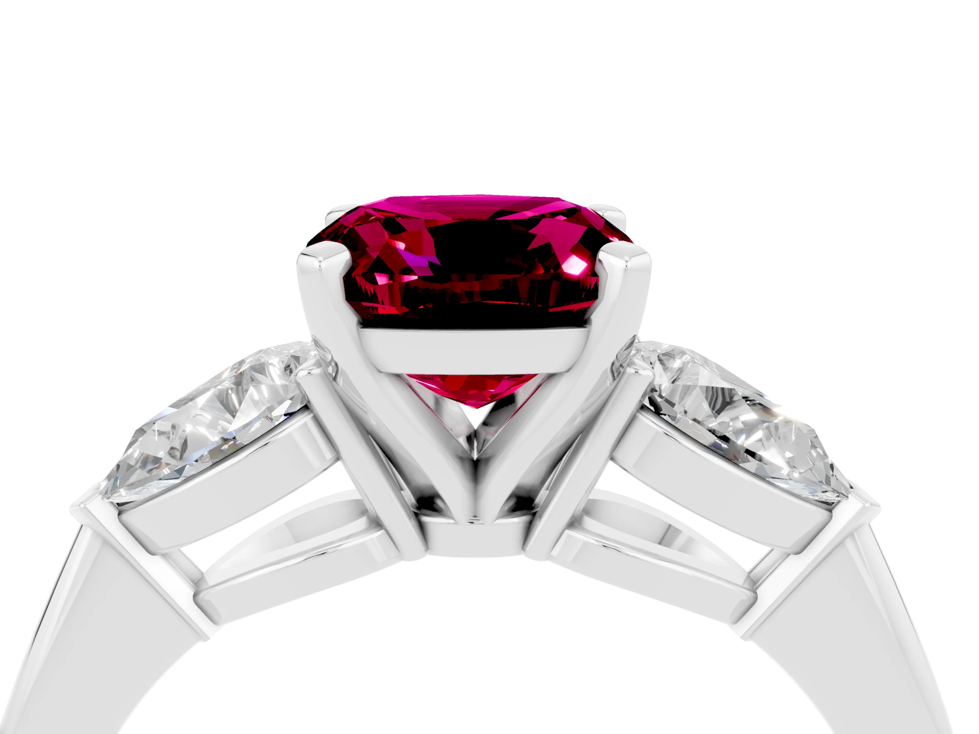 White gold Three-Stone Cushion Cut Garnet Ring with Pear Side Stones and Four-Prong Setting_4