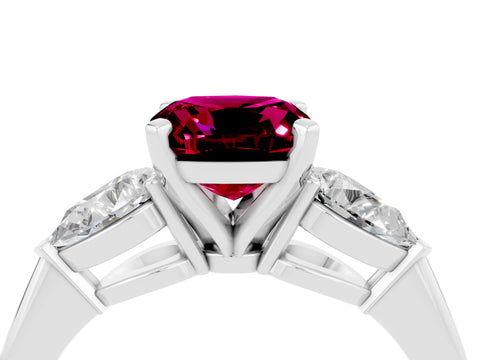 White gold Three-Stone Cushion Cut Garnet Ring with Pear Side Stones and Four-Prong Setting_4
