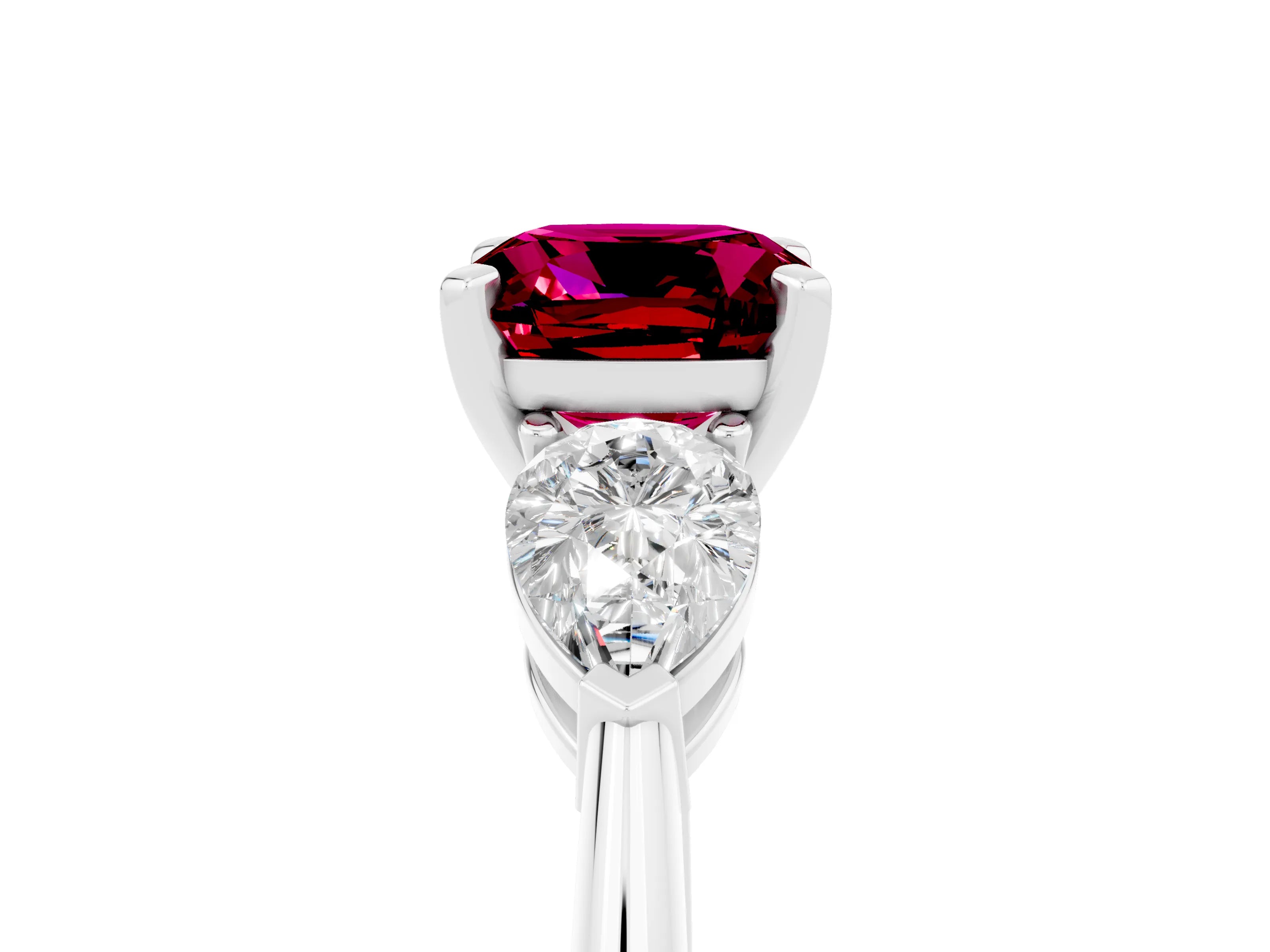 White gold Three-Stone Cushion Cut Garnet Ring with Pear Side Stones and Four-Prong Setting_5