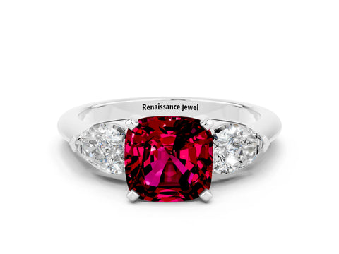 White gold Three-Stone Cushion Cut Garnet Ring with Pear Side Stones and Four-Prong Setting