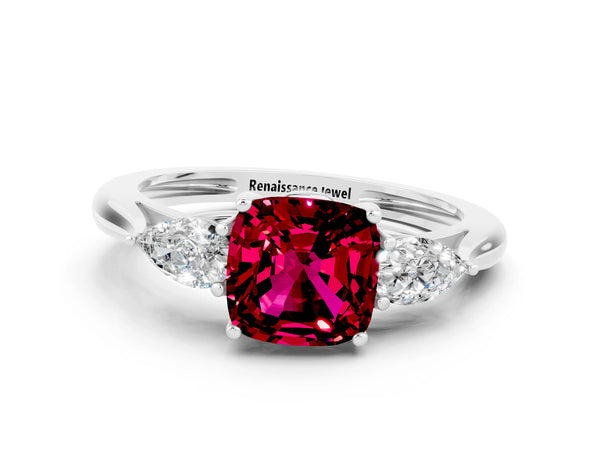 White gold Three-Stone Cushion Cut Garnet Ring with Pear  Side Stones in Four-Prong Setting