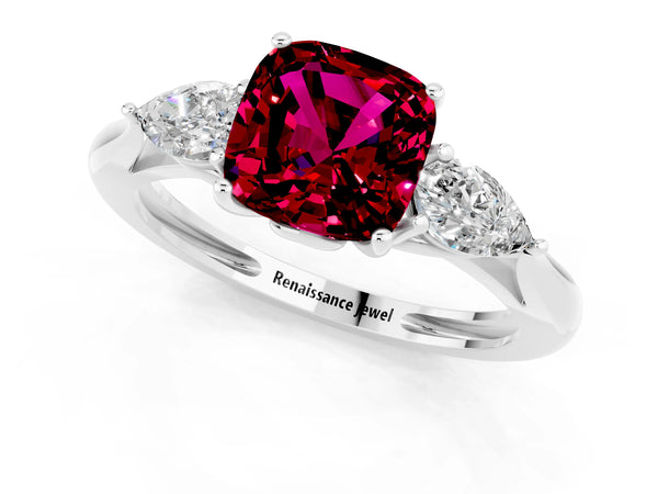Platinum Three-Stone Cushion Cut Garnet Ring with Pear  Side Stones in Four-Prong Setting