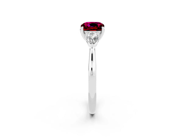 Platinum Three-Stone Cushion Cut Garnet Ring with Pear  Side Stones in Four-Prong Setting