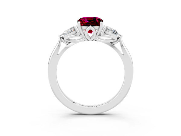 Silver Three-Stone Cushion Cut Garnet Ring with Pear  Side Stones in Four-Prong Setting