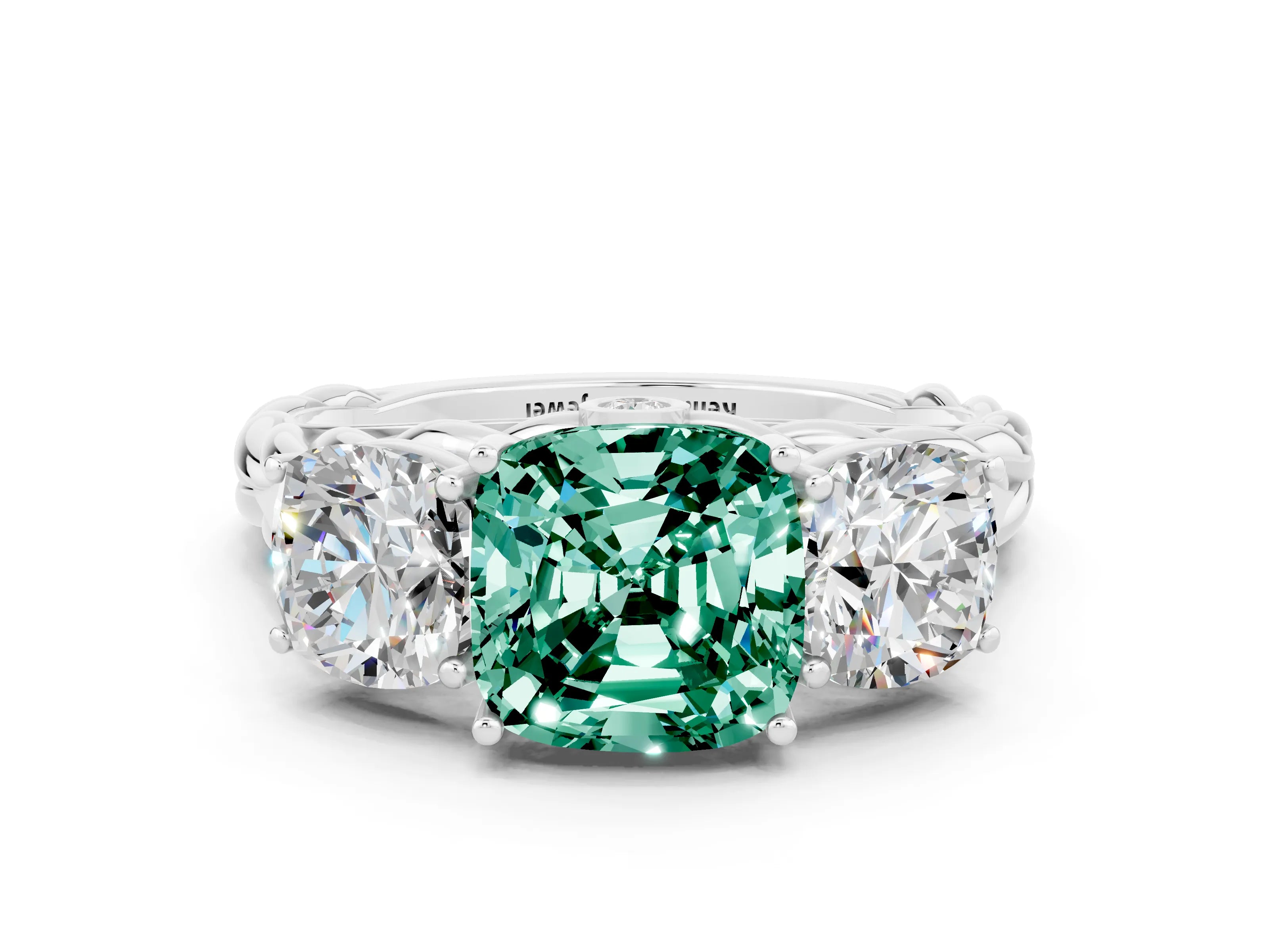 White gold Three-Stone Cushion Cut Green Sapphire Braided Band Ring with Four-Prong Setting_12