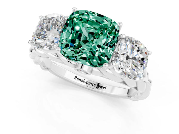 White gold Three-Stone Cushion Cut Green Sapphire Braided Band Ring with Four-Prong Setting
