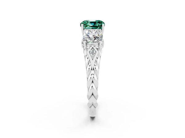 White gold Three-Stone Cushion Cut Green Sapphire Braided Band Ring with Four-Prong Setting