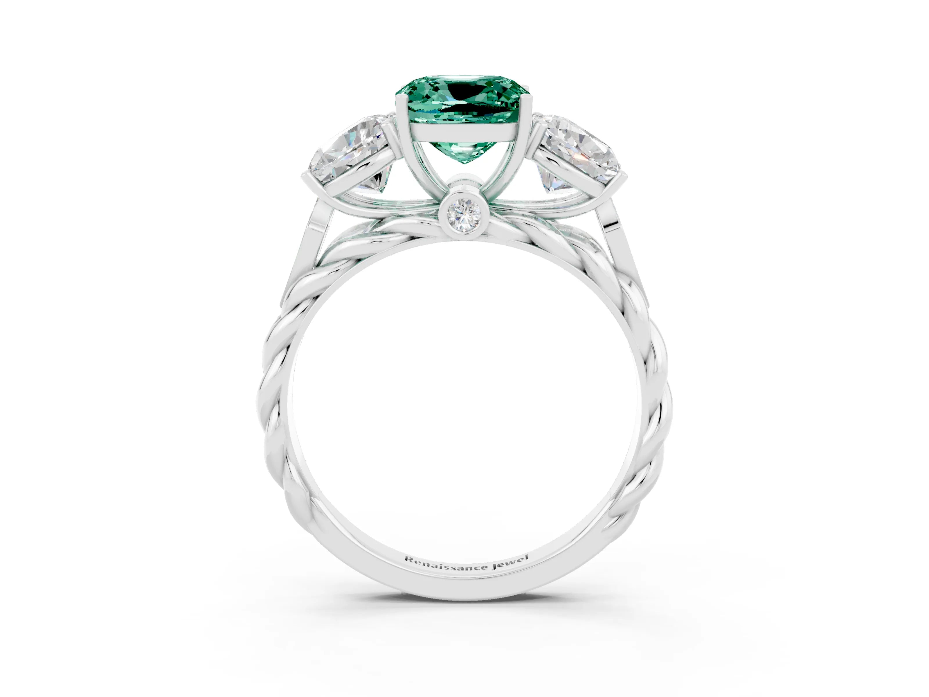 White gold Three-Stone Cushion Cut Green Sapphire Braided Band Ring with Four-Prong Setting_15