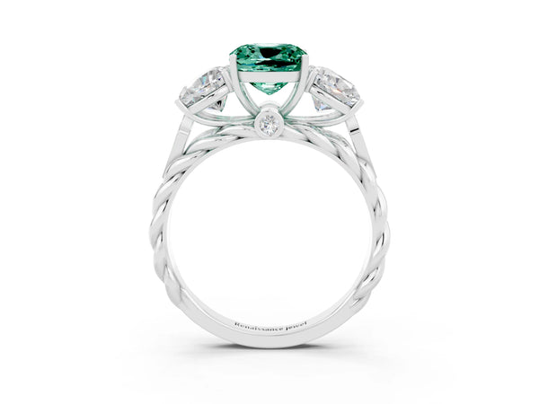 Silver Three-Stone Cushion Cut Green Sapphire Braided Band Ring with Four-Prong Setting