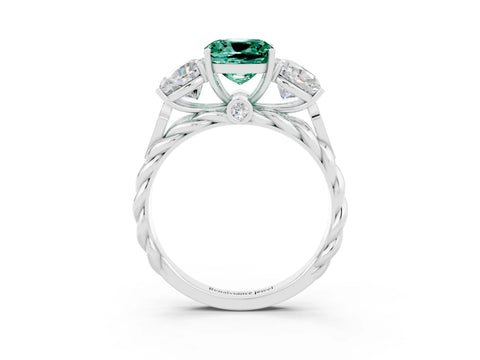 White gold Three-Stone Cushion Cut Green Sapphire Braided Band Ring with Four-Prong Setting_15