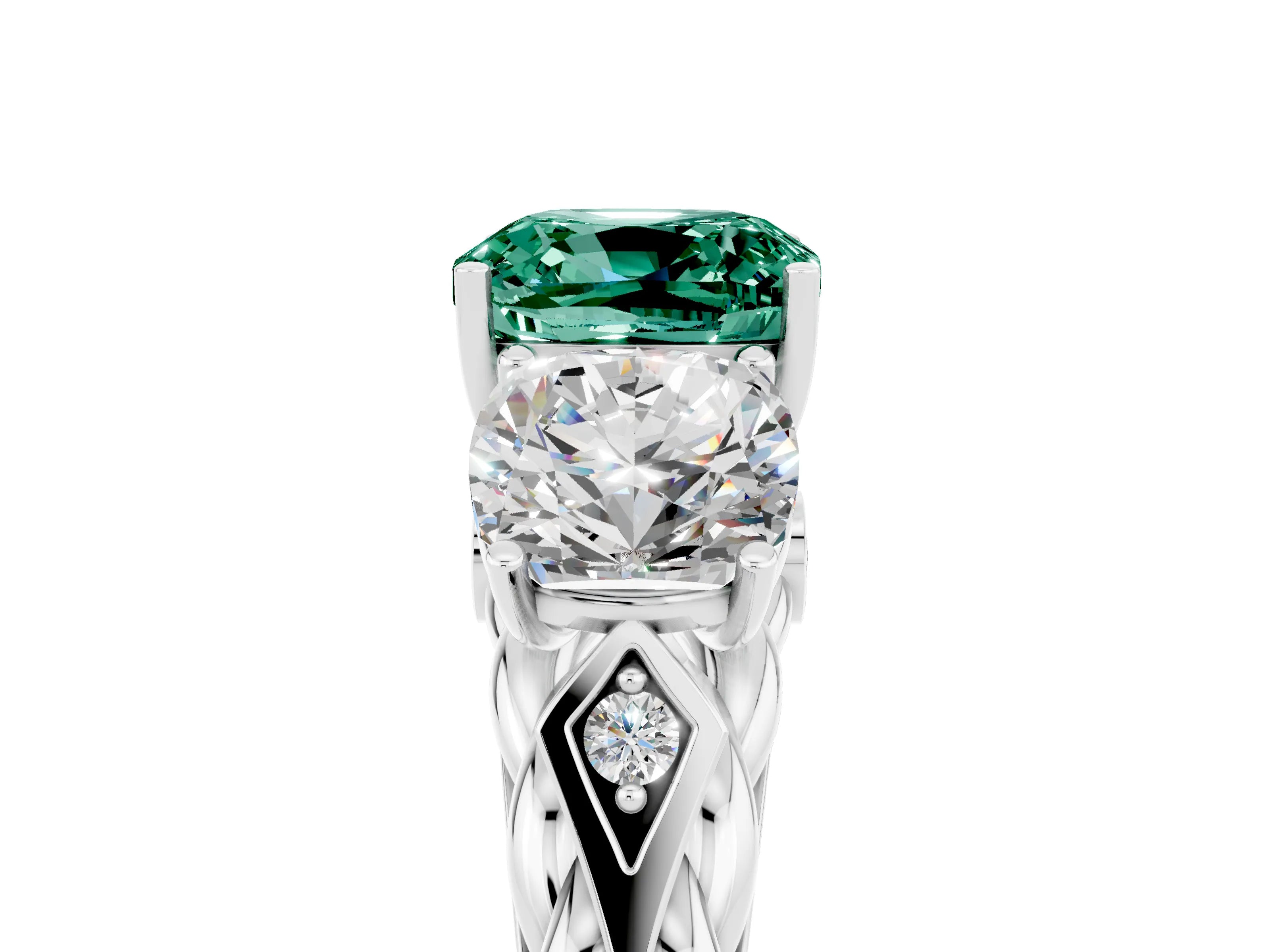 White gold Three-Stone Cushion Cut Green Sapphire Braided Band Ring with Four-Prong Setting_17