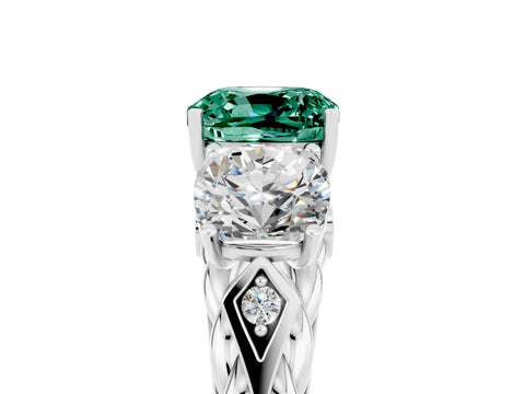 White gold Three-Stone Cushion Cut Green Sapphire Braided Band Ring with Four-Prong Setting_17