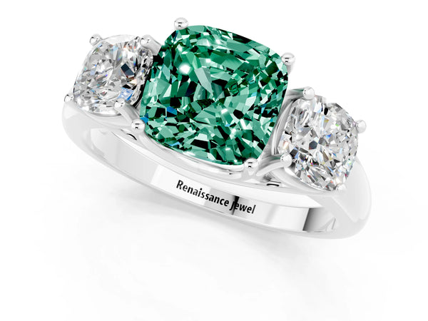 Platinum Three-Stone Cushion Cut Green Sapphire Engagement Ring with Prong Setting