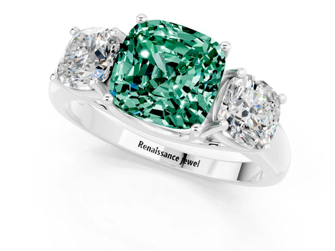 White gold Three-Stone Cushion Cut Green Sapphire Engagement Ring with Prong Setting_1