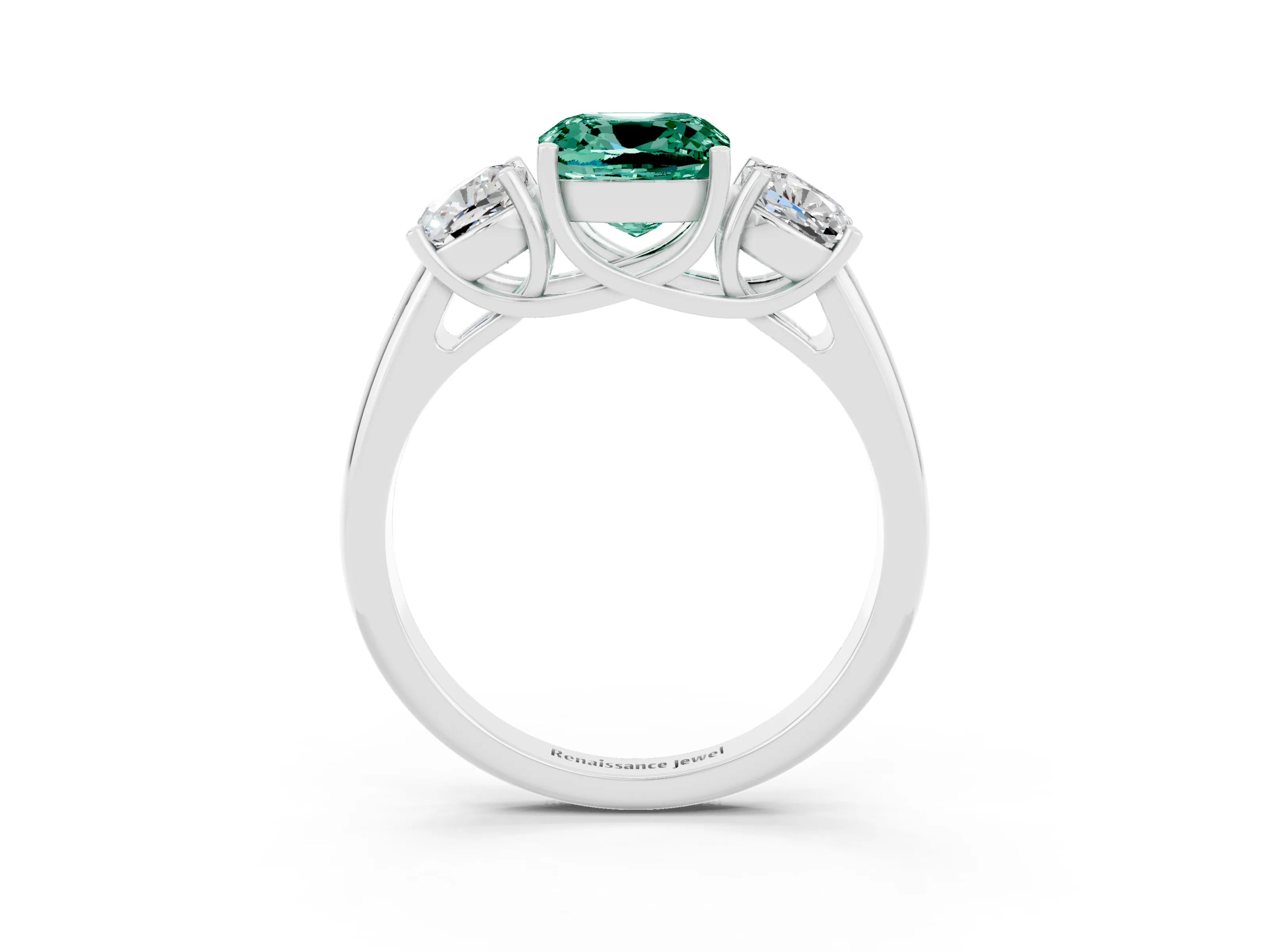 White gold Three-Stone Cushion Cut Green Sapphire Engagement Ring with Prong Setting_3