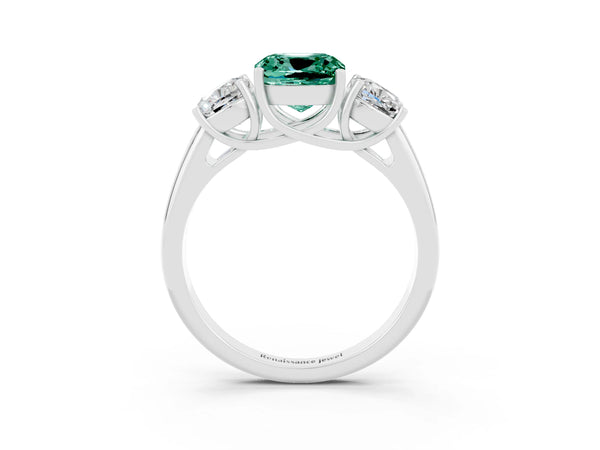 Silver Three-Stone Cushion Cut Green Sapphire Engagement Ring with Prong Setting