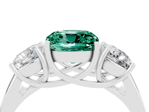 White gold Three-Stone Cushion Cut Green Sapphire Engagement Ring with Prong Setting_4
