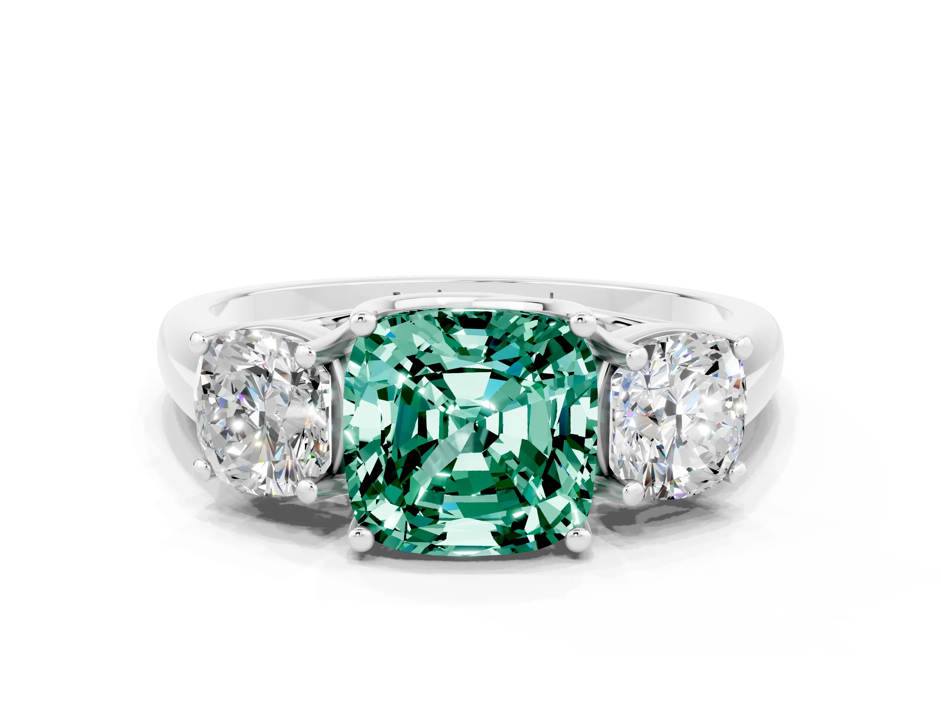 White gold Three-Stone Cushion Cut Green Sapphire Engagement Ring with Prong Setting