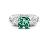 White gold Three-Stone Cushion Cut Green Sapphire Pavé Band with Four-Prong Setting