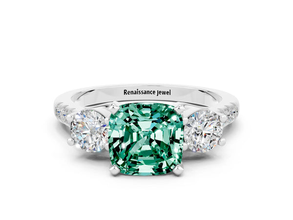 Platinum Three-Stone Cushion Cut Green Sapphire Pavé Band with Four-Prong Setting