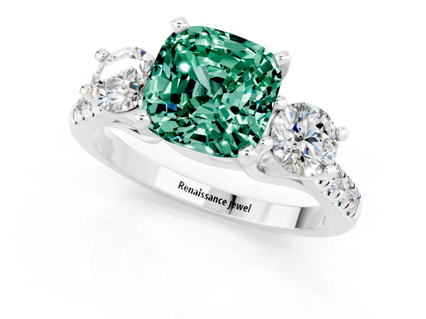White gold Three-Stone Cushion Cut Green Sapphire Pavé Band with Four-Prong Setting