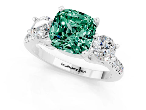 White gold Three-Stone Cushion Cut Green Sapphire Pavé Band with Four-Prong Setting_1