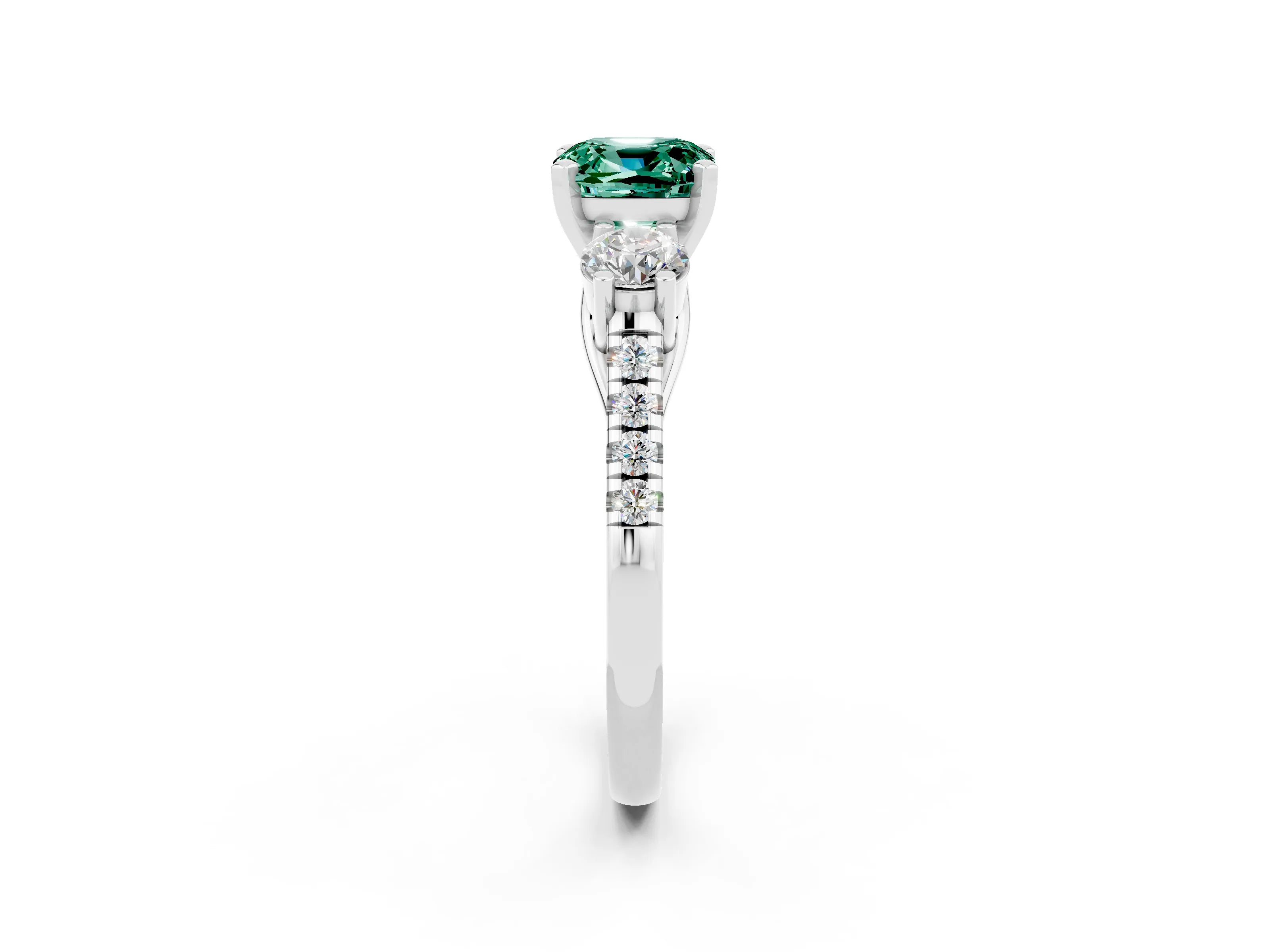 White gold Three-Stone Cushion Cut Green Sapphire Pavé Band with Four-Prong Setting_2