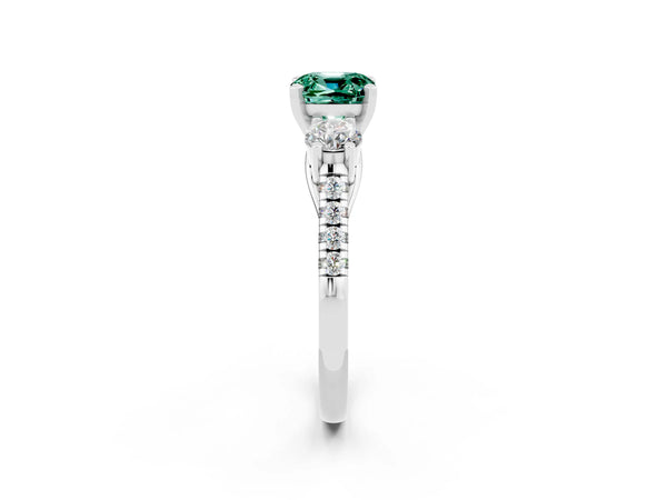 White gold Three-Stone Cushion Cut Green Sapphire Pavé Band with Four-Prong Setting