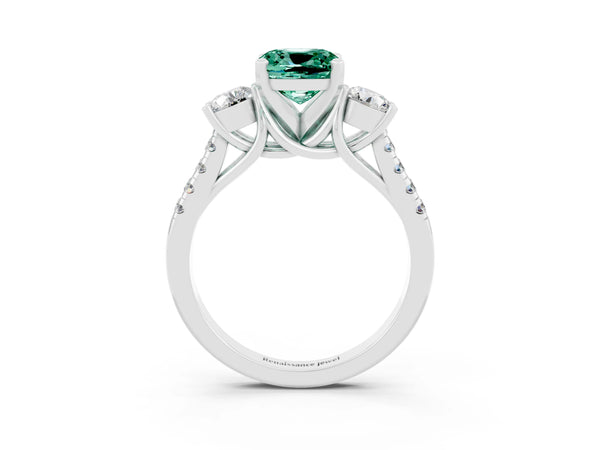 Silver Three-Stone Cushion Cut Green Sapphire Pavé Band with Four-Prong Setting