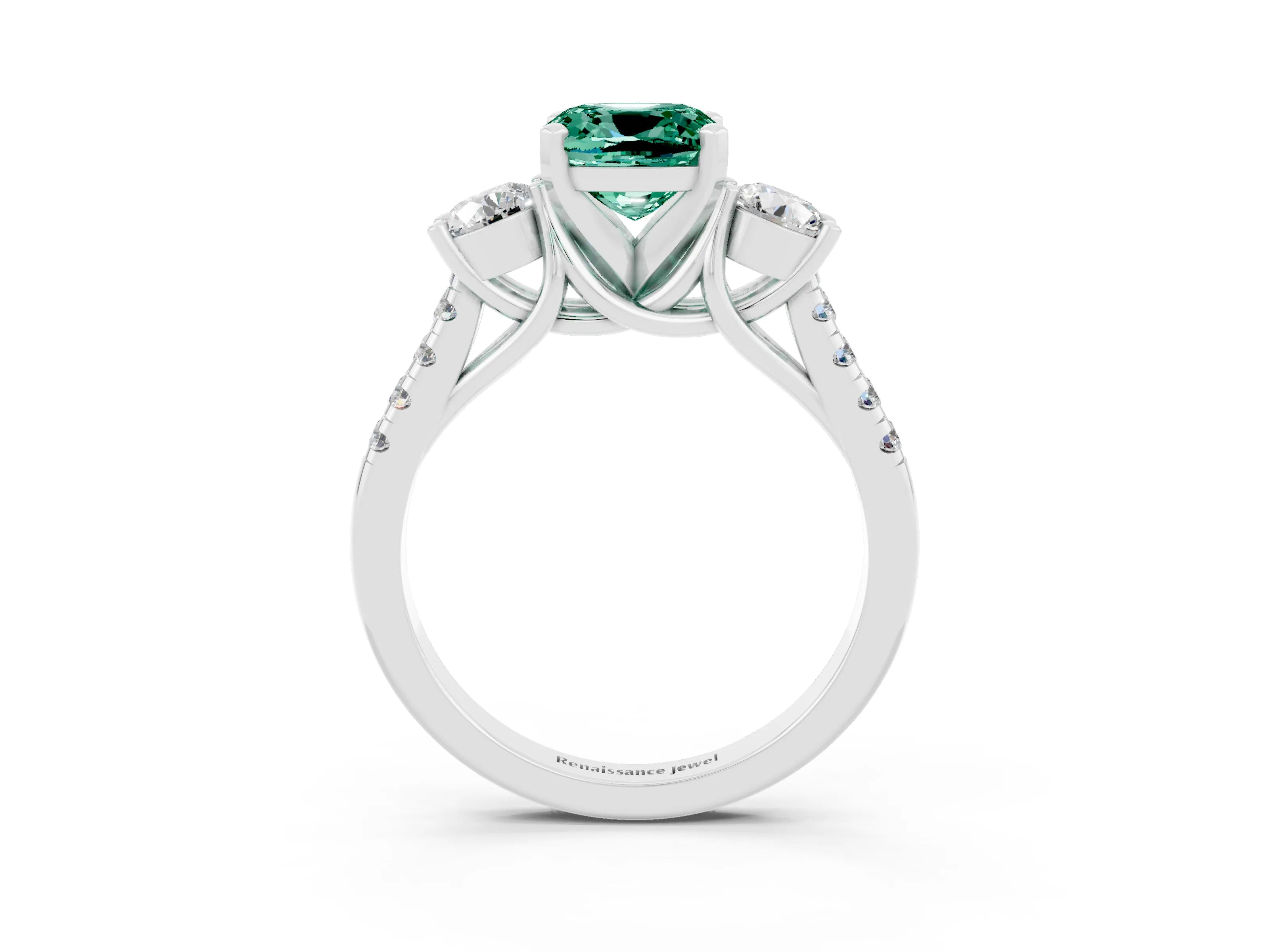 White gold Three-Stone Cushion Cut Green Sapphire Pavé Band with Four-Prong Setting_3