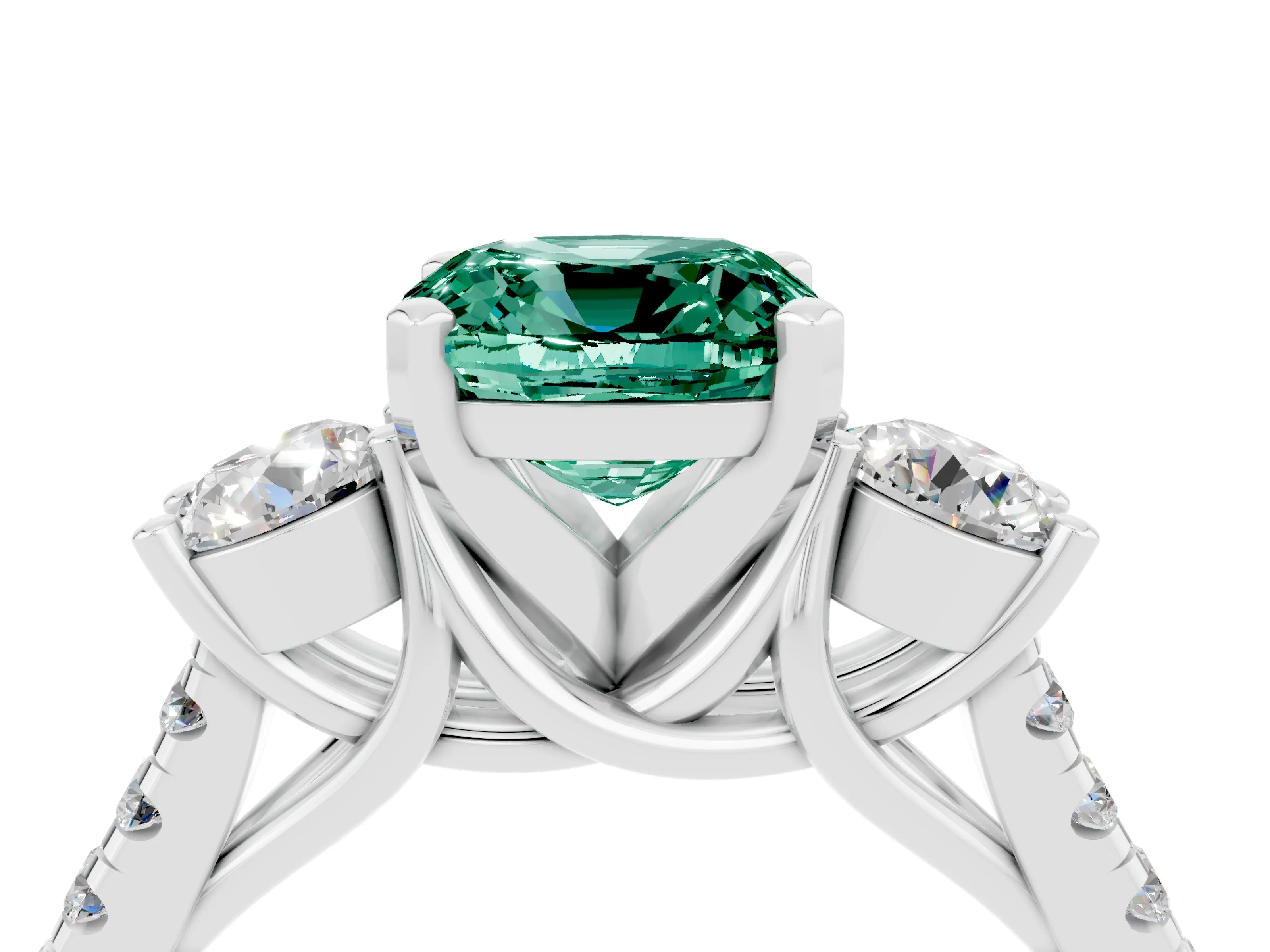 White gold Three-Stone Cushion Cut Green Sapphire Pavé Band with Four-Prong Setting_4