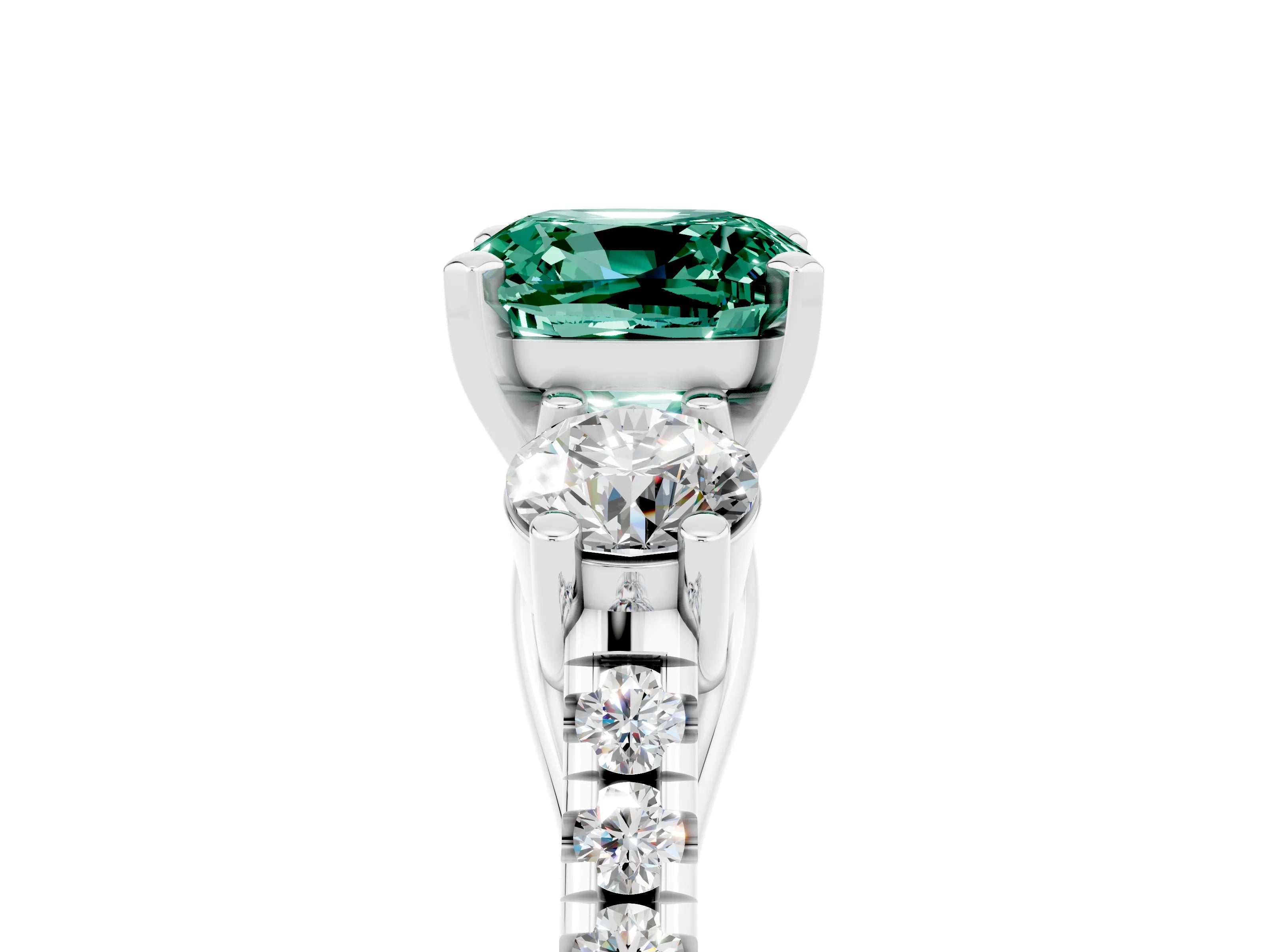White gold Three-Stone Cushion Cut Green Sapphire Pavé Band with Four-Prong Setting_5