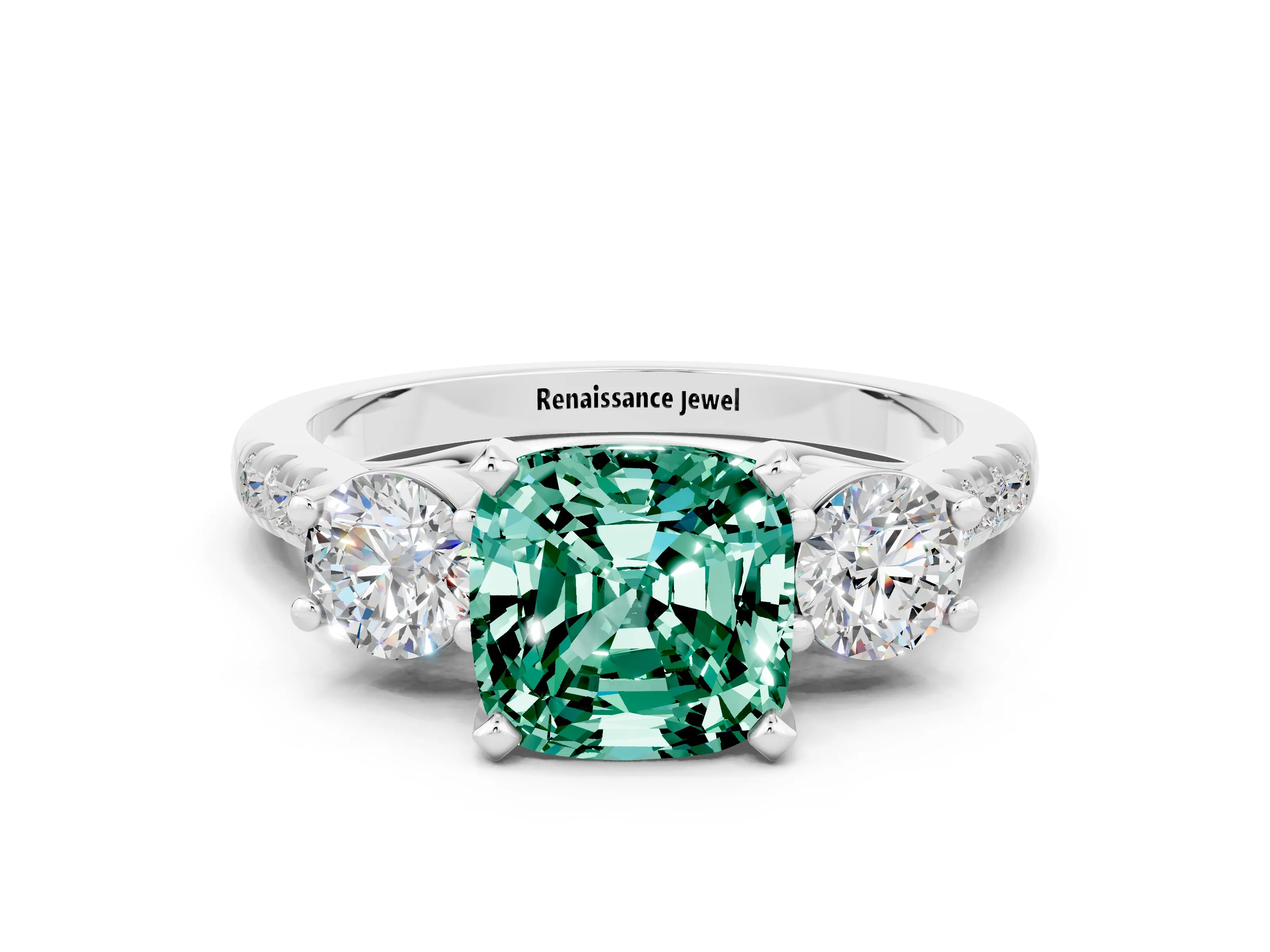 White gold Three-Stone Cushion Cut Green Sapphire Pavé Band with Four-Prong Setting