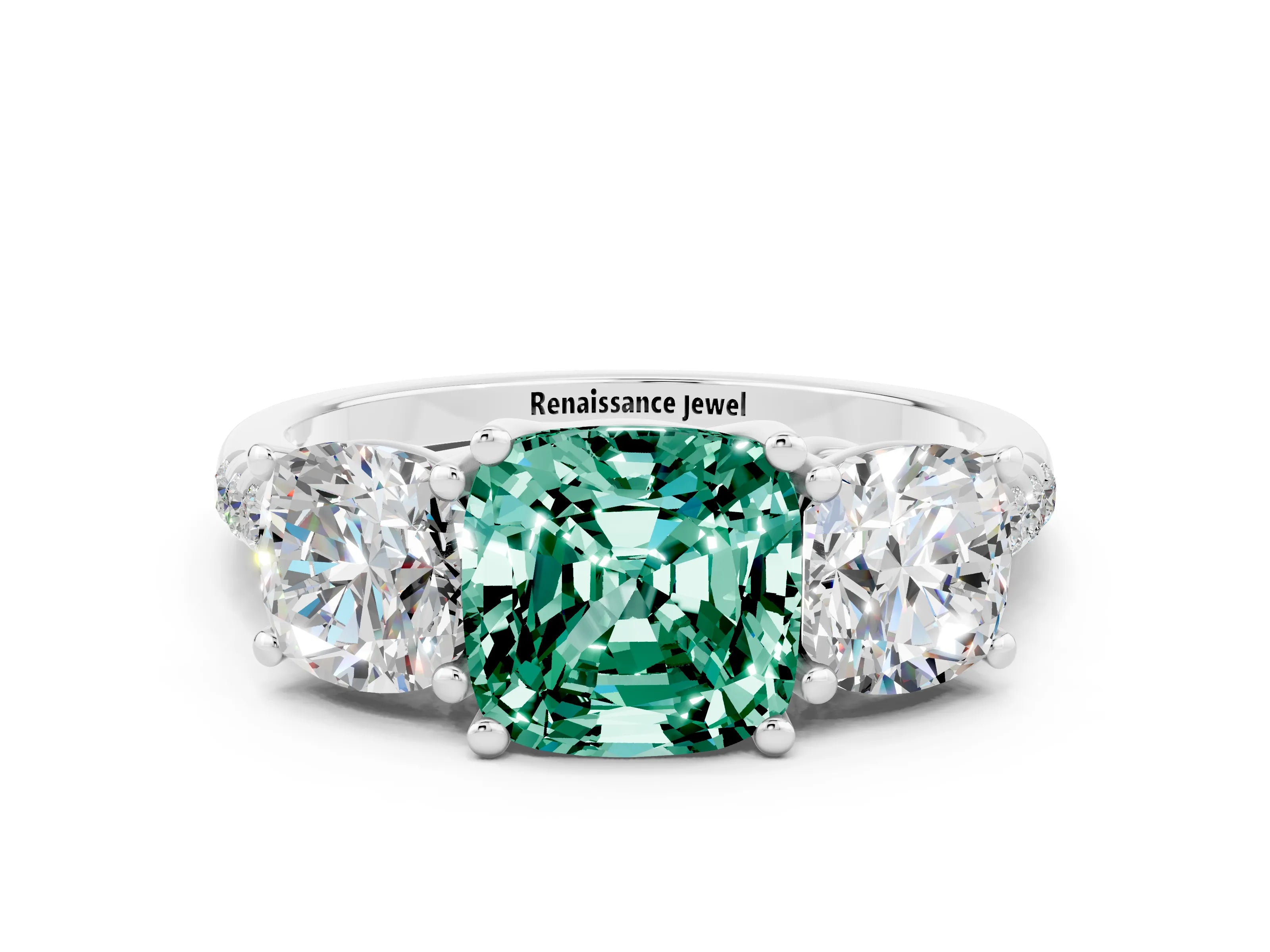 White gold Three-Stone Cushion Cut Green Sapphire Ring with Pavé Band and Prong Setting_12