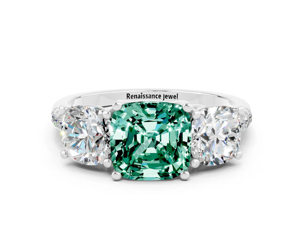 Platinum Three-Stone Cushion Cut Green Sapphire Ring with Round  Pavé Band and Prong Setting
