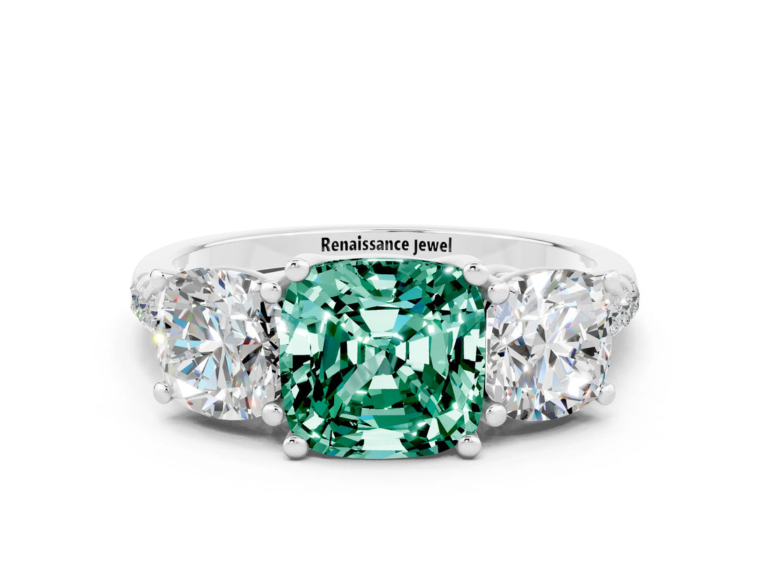 White gold Three-Stone Cushion Cut Green Sapphire Ring with Pavé Band and Prong Setting_12