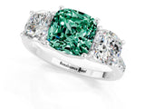 White gold Three-Stone Cushion Cut Green Sapphire Ring with Pavé Band and Prong Setting_13