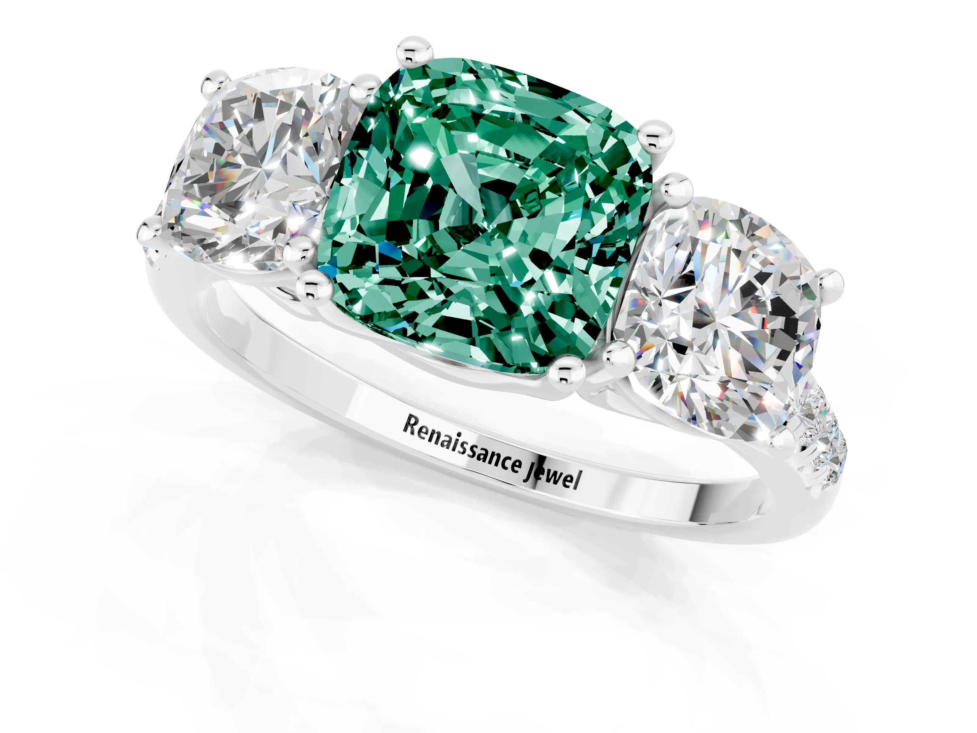 White gold Three-Stone Cushion Cut Green Sapphire Ring with Pavé Band and Prong Setting_13