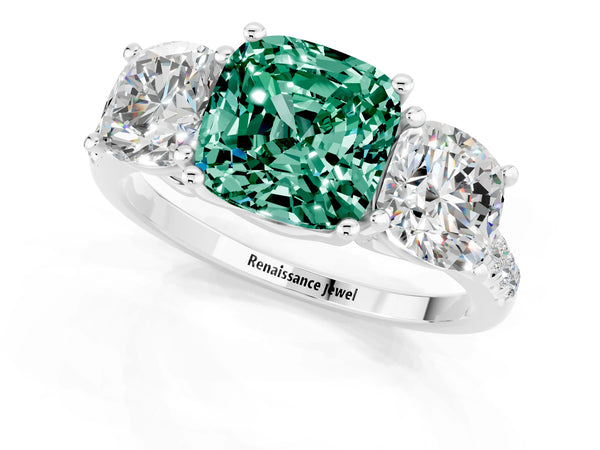 White gold Three-Stone Cushion Cut Green Sapphire Ring with Round  Pavé Band and Prong Setting