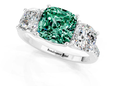 White gold Three-Stone Cushion Cut Green Sapphire Ring with Pavé Band and Prong Setting_13