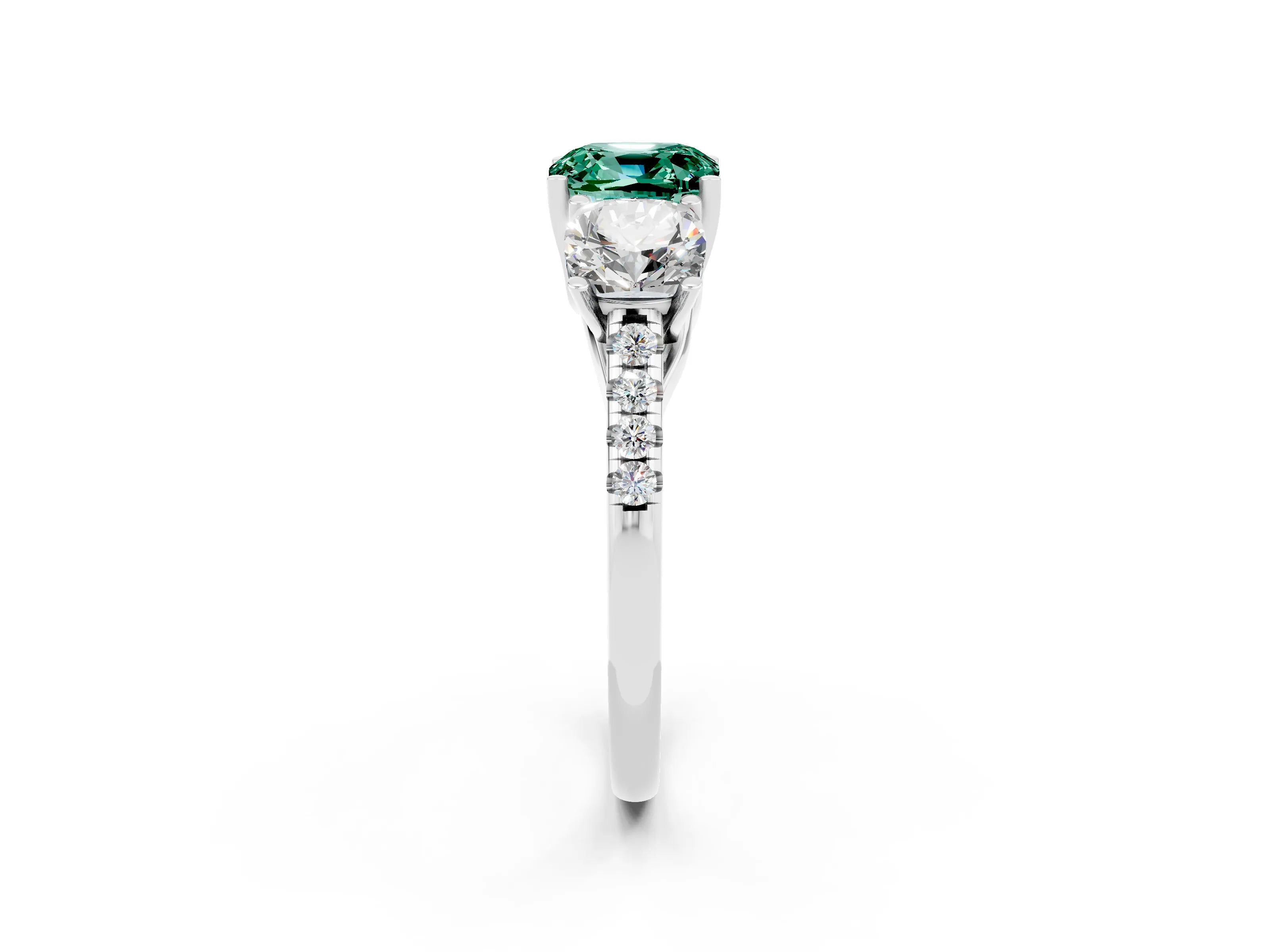 White gold Three-Stone Cushion Cut Green Sapphire Ring with Pavé Band and Prong Setting_14