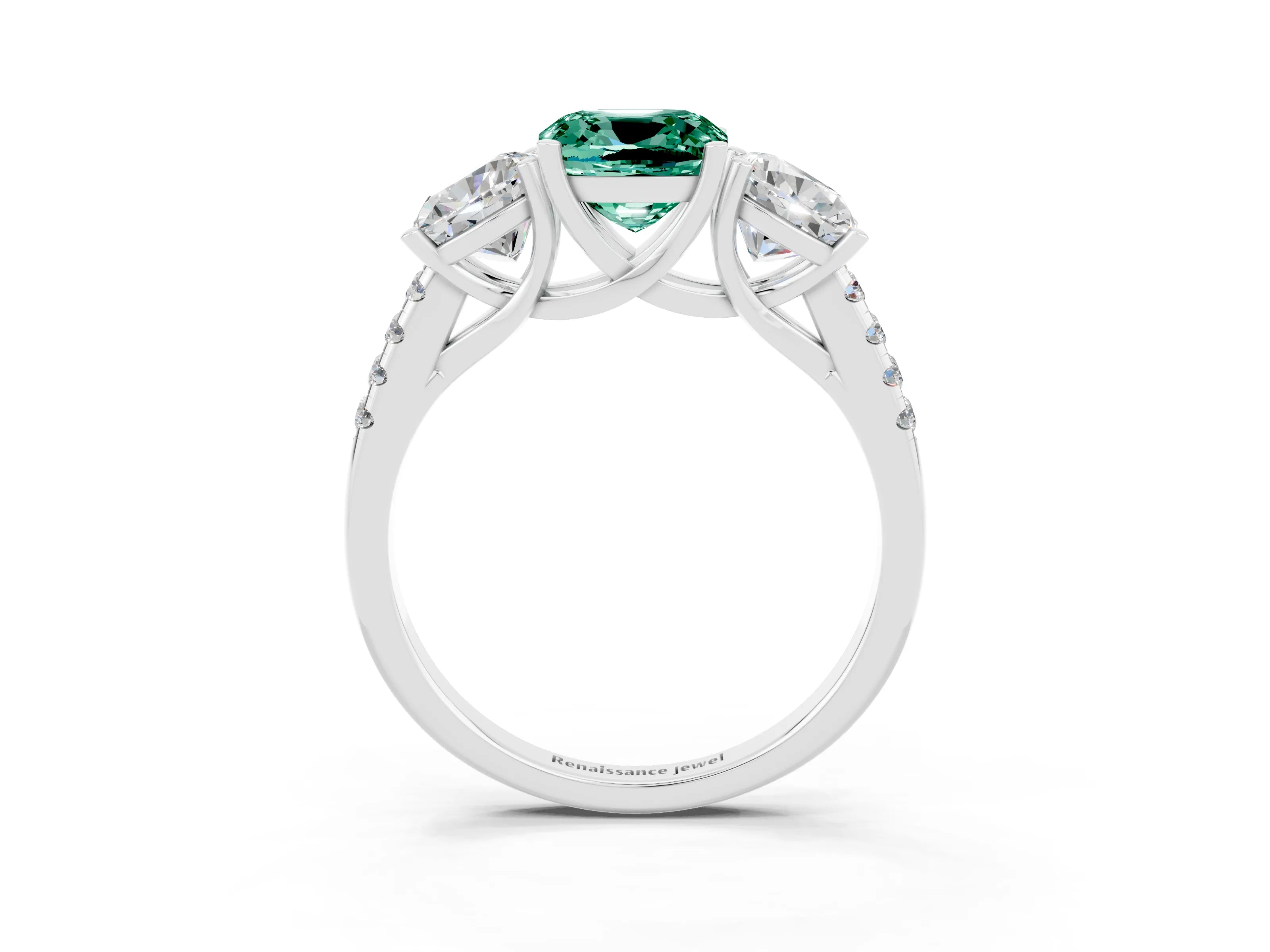 White gold Three-Stone Cushion Cut Green Sapphire Ring with Pavé Band and Prong Setting_15