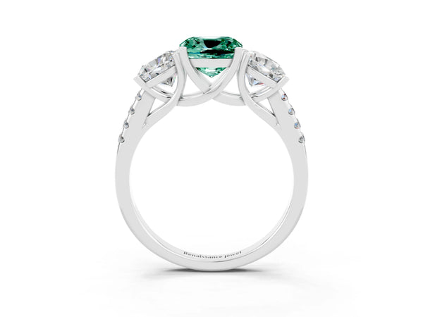 Platinum Three-Stone Cushion Cut Green Sapphire Ring with Round  Pavé Band and Prong Setting