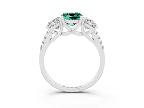 White gold Three-Stone Cushion Cut Green Sapphire Ring with Pavé Band and Prong Setting_15