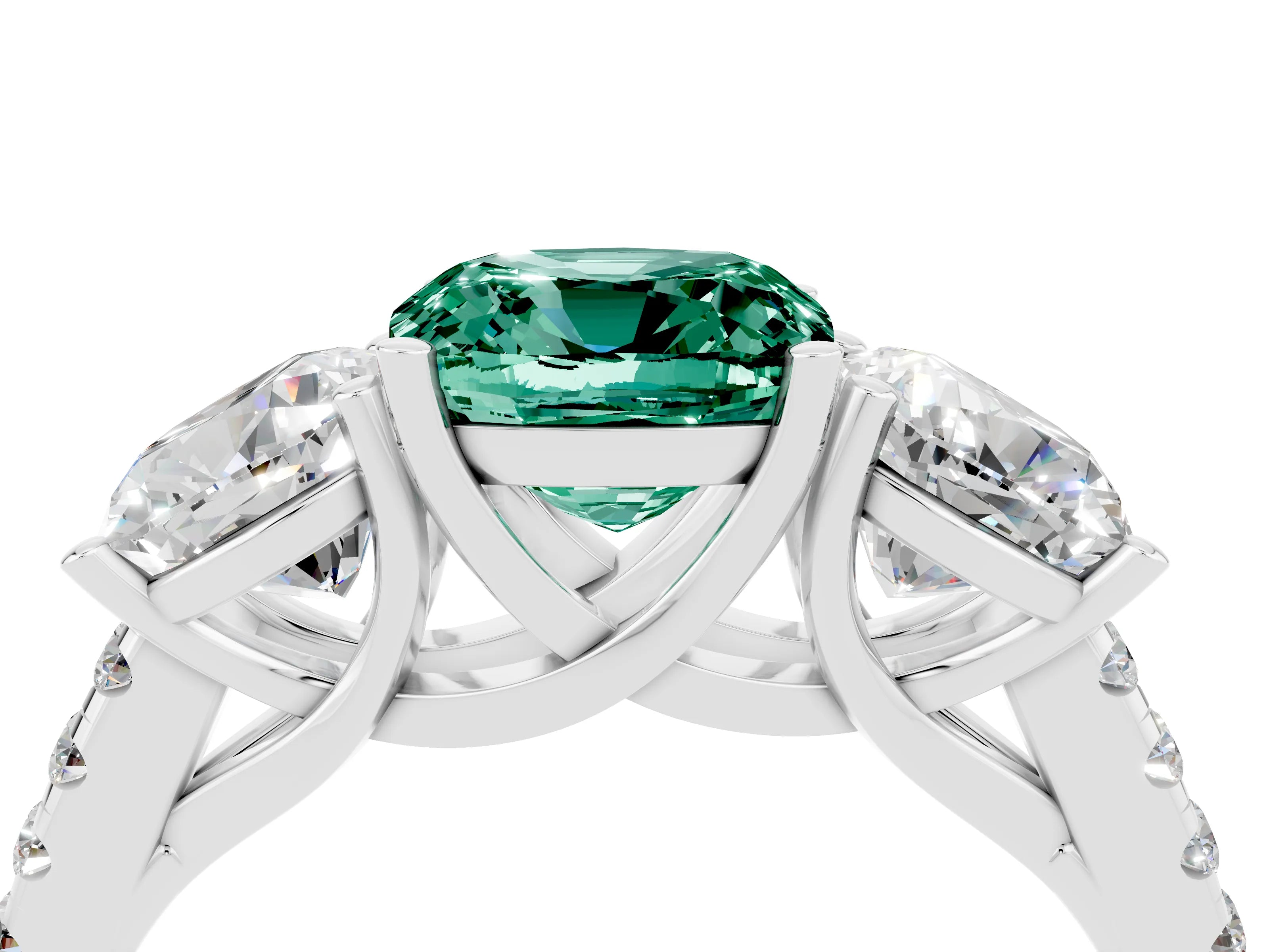 White gold Three-Stone Cushion Cut Green Sapphire Ring with Pavé Band and Prong Setting_16