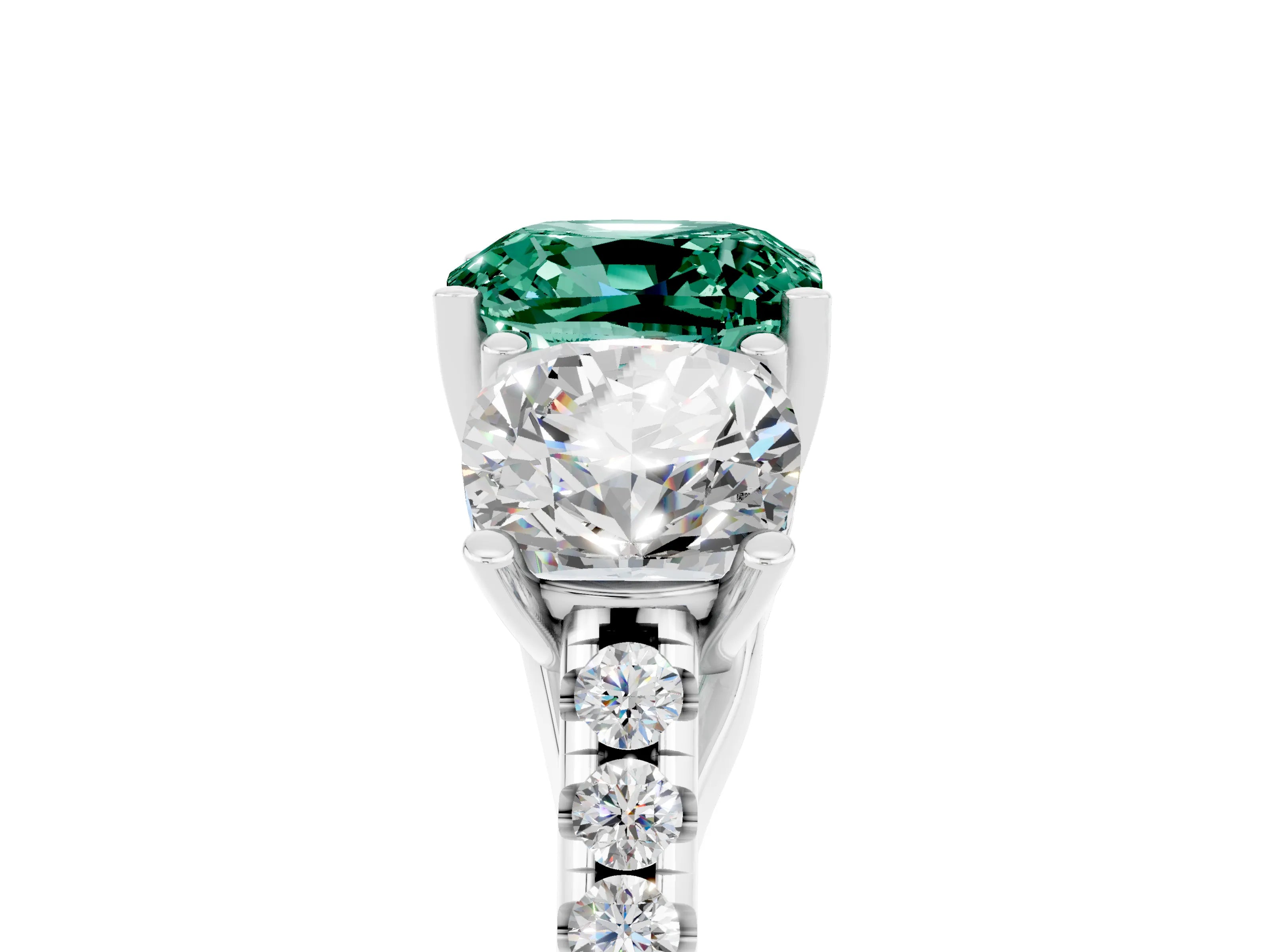 White gold Three-Stone Cushion Cut Green Sapphire Ring with Pavé Band and Prong Setting_17