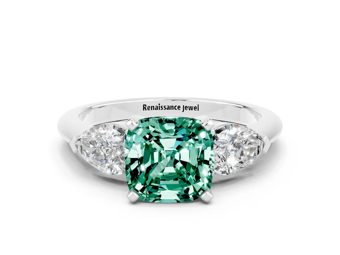 White gold Three-Stone Cushion Cut Green Sapphire Ring with Pear Side Stones and Four-Prong Setting